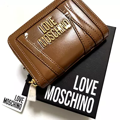 NWT LOVE MOSCHINO Zip Around Striped Wallet With Logo Brown Boxed Gold PU • $69.95