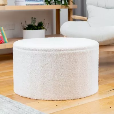 White Boucle Large Circular Storage Ottoman - Footstool • $109.90