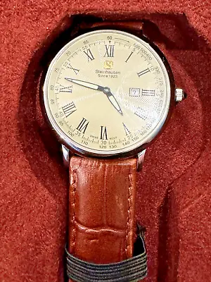 Steinhausen Swiss Movt Men’s Date Dial 5 Jewels Leather Band Slim Watch • $149