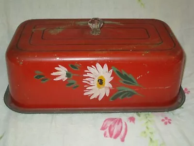 RARE Ransburg Vintage Tin RED FLORAL ICEBOX CAKE SAVER Rectangular Loaf Of Bread • $69.95