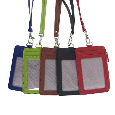 Leather Vertical ID Badge Holder With Zip Pocket And Neck Lanyard Necklace Case • $7.99