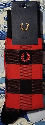 Fred Perry Mens Cotton Mix Socks Tartan With Woven Logo Medium UK 6-8 Red Black • £14.99