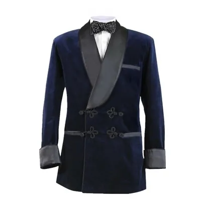 Navy Blue Velvet Smoking Jacket Vintage Shawl Lapel Custom Smoking Jackets Men • $71.25