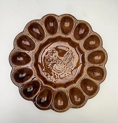 Calif USA 529 Chicken Deviled Egg Ceramic Pottery Plate Vintage Brown Embossed • $15