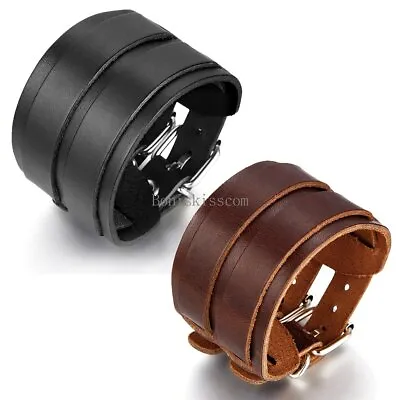 Men's Fashion Punk Wide Leather Belt Cuff Wrap Wristband Bracelet Adjustable • $8.99