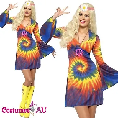 Ladies Tie Dye 60s 70s Hippy Costume Womens 1960s 1970s Go Go Hippie Fancy Dress • $33.24