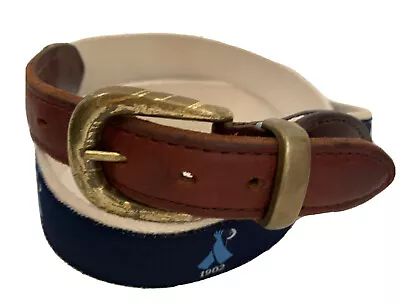 YRI Mens Golf Belt Native American Logo Canvas Ribbon Blue Brown Leather Size 32 • $14.99