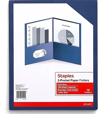 Staples 2-Pocket Folders Navy  10/Pack (13377-CC) 50 Sheet Capacity NEW Sealed • $11.59