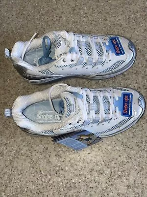 Skechers Shape-Ups Toning Walking Shoes Women's 6.5 White Blue Silver Leather • $65