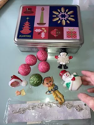Lot Vtg Knee Hugger Elf Ornament Pink Glitter Ball Snowman Bracelet Planter Tin • $7