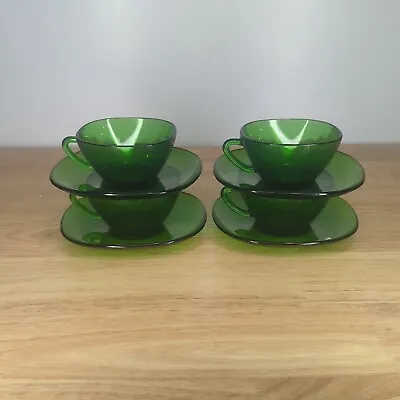 Vereco Duralex Set Of 4 Square Espresso Cups Saucers  Emerald 3.5  Green VTG • $28.79