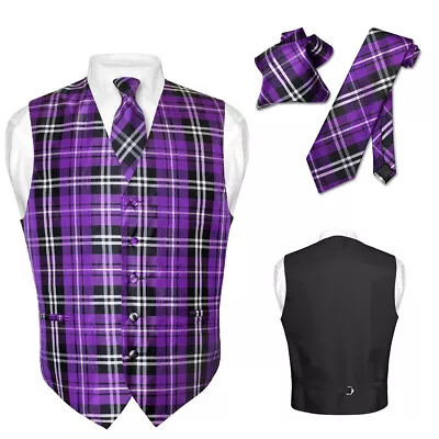 Men's Plaid Design Dress Vest NeckTie PURPLE Black White Neck Tie Hanky Set L • $21.95
