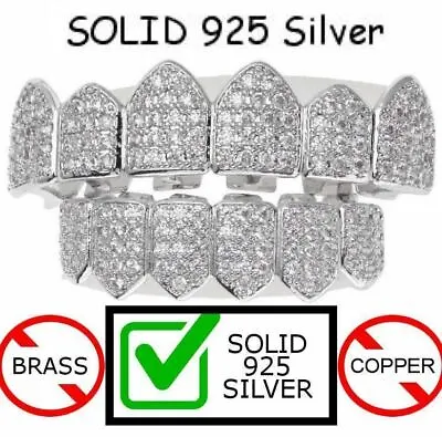 SOLID 925 Silver Simulated Diamonds Custom GRILLZ Teeth Top Bottom Set HipHop CZ • $74.95