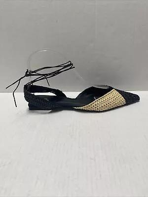 Zara Woven Raffia Slingback Flats Size EU 38 Black Beige • $28