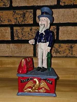 Vintage Uncle Sam Cast Iron Metal Mechanical Coin Bank Semi Works Patriotic • $34