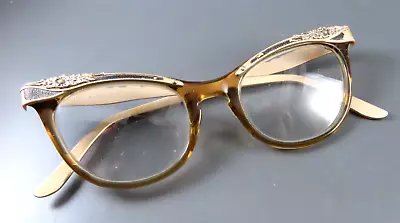 VTG AMERICAN OPTICAL Eyeglasses FRAMES Glasses ALUMINUM FLORAL CHAMPAGNE 5-1/2 • $27.20