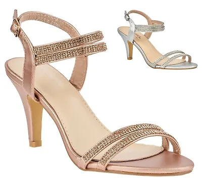 £9.99 • Buy Ladies Strappy Diamante Detail High Heel Peep Toe Slingbacks Party Sandals 3-8