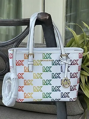 Michael Kors Jet Set Travel Xs Zip Crossbody Tote Bag Mk Rainbow Logo Pride • $113.99