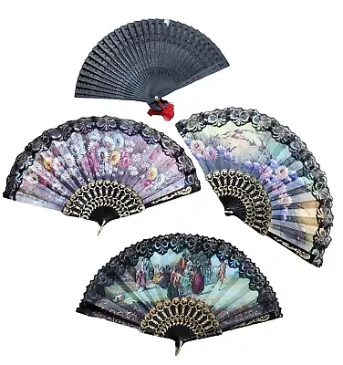 4x Vintage Fans Lot Black Decorated Embellished Decor Dance Floral Nature • $13.13