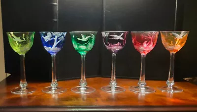 6 Vintage Czech Moser Cut To Clear Wine Hoch Glasses  Birds Of The Wild  Series • $645