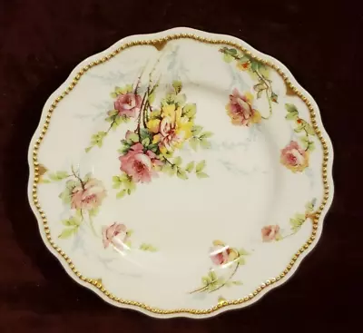 Antique A Lanternier Limoges France 9  Plate Pink & Yellow Flowers Gold Beading • $24.99