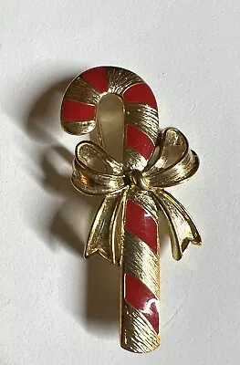 $6.99 • Buy Vtg Signed Crown Trifari Candy Cane Christmas Brooch Enamel Red & Gold Tone