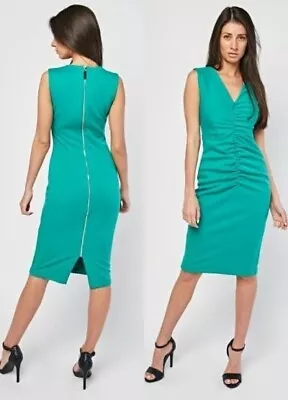 Ladies Green Ruched Front V Neck Zip Back Bodycon Dress Size 6 • £7.99