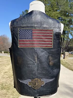 Harley-Davidson Men IRON Distressed Leather Vest Large Slim Fit 98009-18VM Flag • $169.98