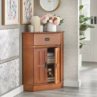 Mission Craftsman Style Corner Storage Cabinet Brown Solid Wood Accent Cupboard • $237.89