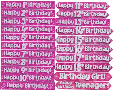 £2.29 • Buy 9ft Pink Girls Holographic Foil Birthday Banners Wall Door 1-18 Yrs