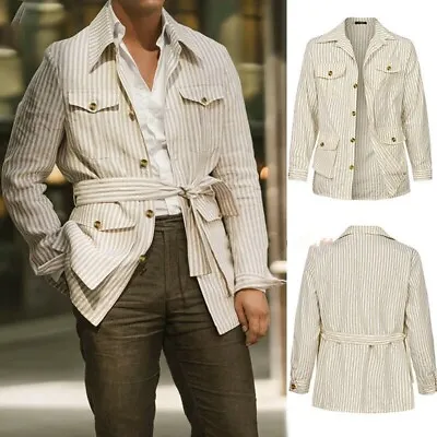 Men Striped Safari Jacket Belted Slim Fit Pockets Hunting Coats Casual Thin Tops • $37.99