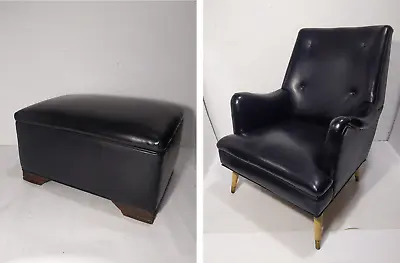 Vintage Mid Century Modern Tufted Vinyl Lounge Arm Chair And Footstool/Ottoman • $810