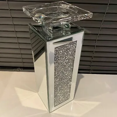 Crush Diamante Mirrored Pillar Candle Holder Jewel Mirror Tall Candlestick 25cm • £18.99