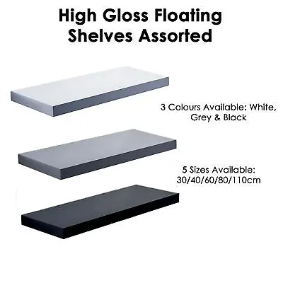 Modern HIGH GLOSS Shelf Floating Wall Shelves White Black Grey Bookcase Display • £10.95