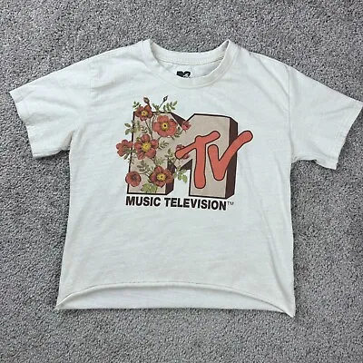 MTV Shirt Juniors Medium Tee Short Sleeve Big Graphic Logo Floral White T Top • £10.41