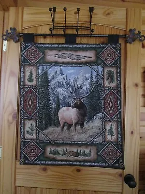 Elk Tapestry Wall Hanging & Rod 31 X 26 Mountains Log Cabin Pinecones Trees EUC! • $30