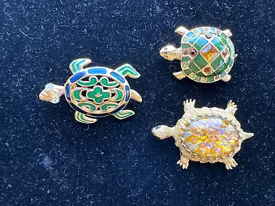 Nice Vintage 3 Pc Lot Turtle Brooch Pins Rhinestone Enamel Foil Back Stone • $12.50