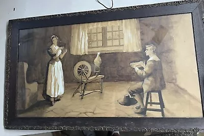 Antique Watercolor Women And Man Spinning Yarn Framed • $131.12