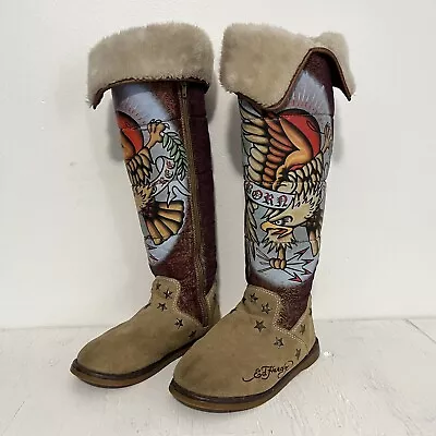 Women’s Ed Hardy Boots Size 5 U.S. Winter Boots Fur Lined Eagle Born Free • $35