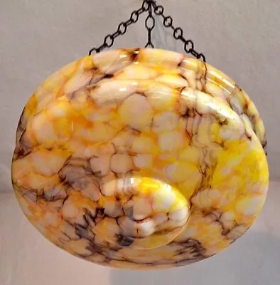 Antique  Ceiling Light Flycatcher Shade Art Deco Yellow & Purple Hooks & Chains • £225