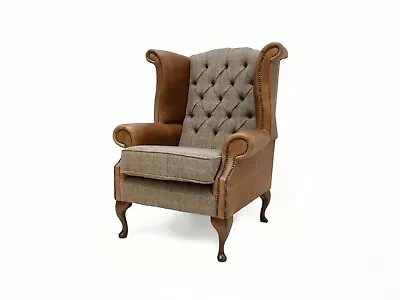 Chesterfield Queen Anne Wing Back Chair In Brown Harris Tweed & Vintage Leather • £795