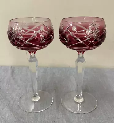 (2) Val St Lambert 7.25  Cranberry Cut To Clear Wine Glass Vintage SIGNED Chrty • $90