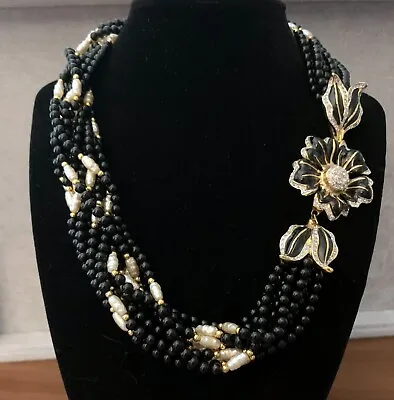 Vintage Multi-Strand Beaded Necklace - Black & Faux Pearl - Gorgeous Clasp! • $50