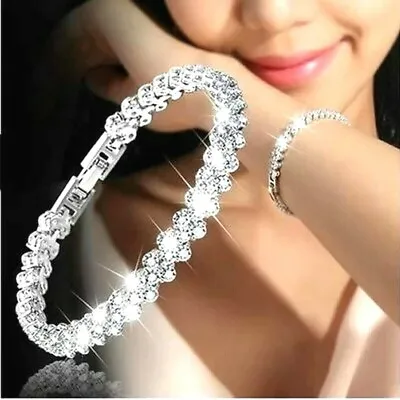 £3.79 • Buy Womens Silver Crystal Diamante Bracelet Rose Gold Heart Bangle Bridal Love Gift