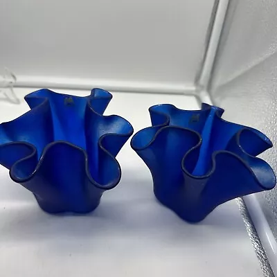 2  Retro  Frosted Blue Muurla  Art Glass Handkerchief Votive/Vase Finland • $25