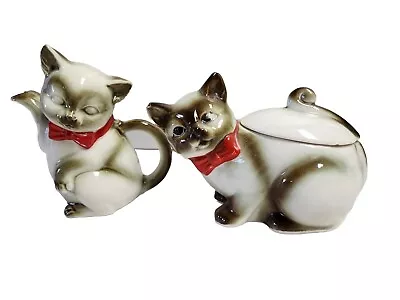 Vintage  Siamese Cat  W/Red Bow Figural Sugar Bowl & Creamer Kasuga Ware Japan • $14.75