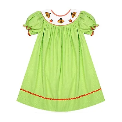 Beautiful Smocked Girl's Lime Green Gingham Thanksgiving Turkey Bishop Dress 5 • $23.99