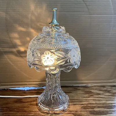 Vintage Crystal Cut Heavy Glass Boudoir Table Lamp Frosted Flowers Floral 10.5” • $49.95