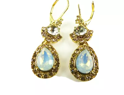 MARCHESA Gorgeous Yellow Gold Plated Clear & Milky Crystal Dangle Earrings • $19.97