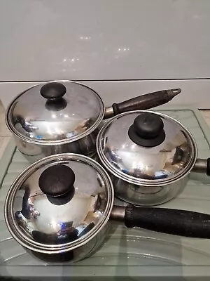 £22 • Buy Set Of 3 Copper Bottom PRESTIGE Saucepans VINTAGE Wood Handles Lids Stacking 